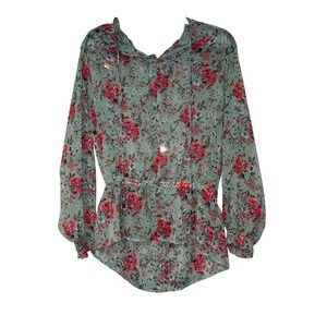 Anko Floral Peplum Blouse Womens 12 Green Red Sheer Gauze